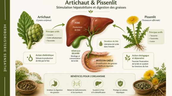 Schéma expliquant l'action de l'artichaut et du pissenlit sur le foie, la vésicule biliaire et la digestion des graisses - Herboristerie Sensathé Schéma expliquant l'action de l'artichaut et du pissenlit sur le foie, la vésicule biliaire et la digestion des graisses - Herboristerie Sensathé